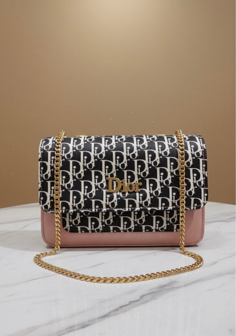 Blush Pink & Monochrome Logo Print Chain Flap Bag